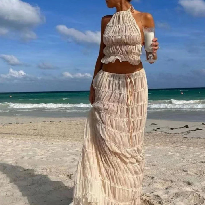 Backless Ruched Beach Set – Halter Top & Long Skirt Two-Piece Outfit